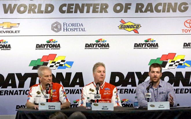 NASCAR racing team owners Eddie Wood, left, Len Wood, center, and Jon Wood, answer questions during a news conference at Daytona International Speedway, Friday, Feb. 12, 2016, in Daytona Beach, Fla. (AP Photo/John Raoux)