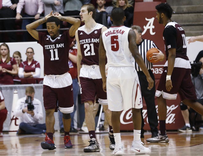 Anthony Collins (11) missed two free throws for Texas A&M with 2.3 seconds remaining in a 63-62 loss Wednesday at Alabama. The Aggies, losers of four straight league games, look to get back on track Saturday at LSU.