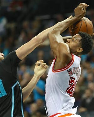 Gastonia's Hassan Whiteside drives to the basket during a Feb. 5 Miami Heat victory over the Charlotte Hornets.