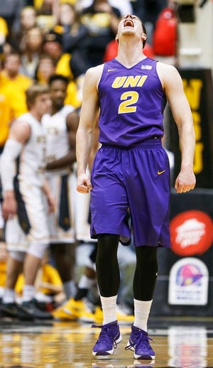 Northern Iowa's Klint Carlson (2) celebrates after a big play against Wichita State during the second half of an NCAA college basketball game, Saturday, Feb. 13, 2016, in Wichita, Kan.