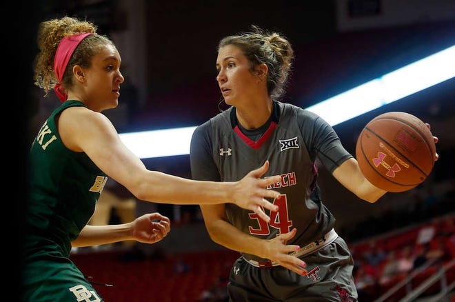 Texas Tech forward Paige Parliament tries to pass the ball around Baylor forward Justis Szczepanski during the Lady Raiders' 66-36 loss against the Bears on Saturday, Feb. 13, 2016, at United Supermarkets Arena in Lubbock, Texas. (Brad Tollefson/A-J Media)