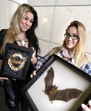 Lauren Lapinta (left) holds a framed moth and Inez Hoover carries away a bat purchased at the Oddmall Emporium of the Weird, hosted this weekend at the Cultural Center for the Arts in Canton.