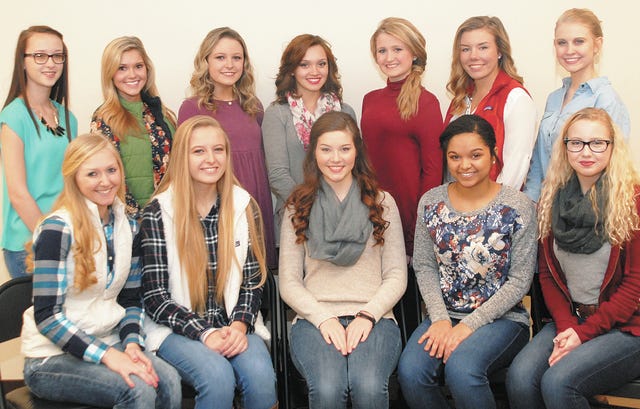 Mule Day queen and court hopefuls include, from left, seated: Tori Brown, 16; Caylee Moser, 15; Hayden Wood, 16; MaKenzie English, 16; Amber Parisek, 15; standing: Caitlin Lane, 15; Dacey Jo Thompson, 17; Kendyl Colvett, 17; Gabby Aviles, 17; Sidney Church, 16; Hannah Ginn, 17; and Haley James, 15. Not pictured: Alayna Keeling, 17. The 2016 queen will be crowned Saturday, Feb. 27 at Columbia State Communty College’s Cherry Theater. The Daily Herald’s Newspapers In Education fund will be the beneficary of contributions to the pageant’s People’s Choice competition again this year. Last year, it raised more than $1,300. (Staff photo by Susan W. Thurman)