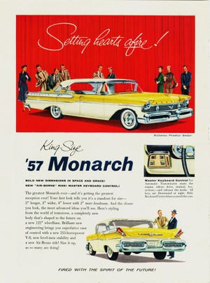 The 1957 Monarch, sold in Canada, were identical to the Mercury automobiles sold in the United States sans grille and rear taillight tweaks. (Ford Motor Company).