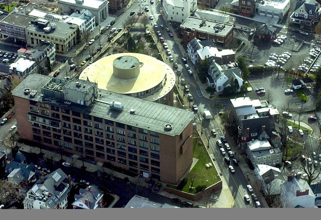 (File) An aerial view of the old Bucks County Courthouse rotunda and the current administrative center.