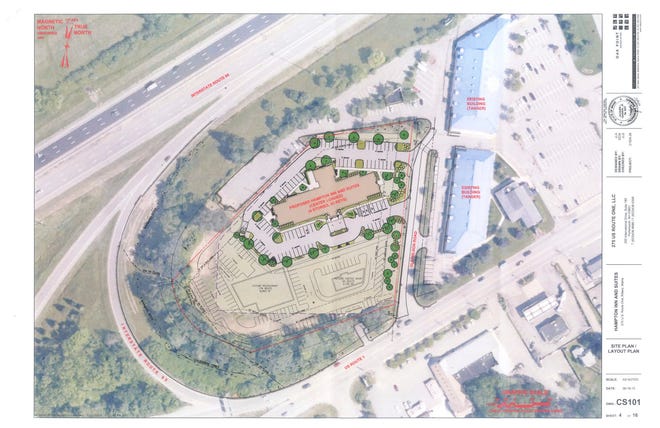 Site plan of the proposed Hampton Inn and Suites on Route 1 in Kittery submitted to the Planning Board.