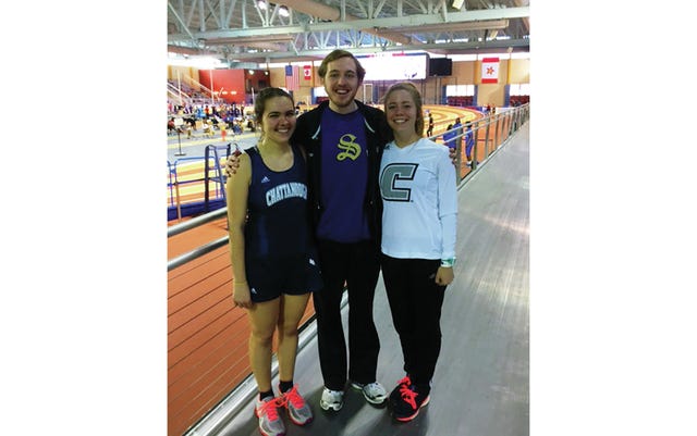 University of the South diver Courtney Moore is joined by his former Columbia Central schoolmates Helena Kis, left, and Anna Kate Chance, right, who are distance runners for the UT-Chattanooga track team during competition at the Birmingham CrossPlex last weekend. (Courtesy photo)