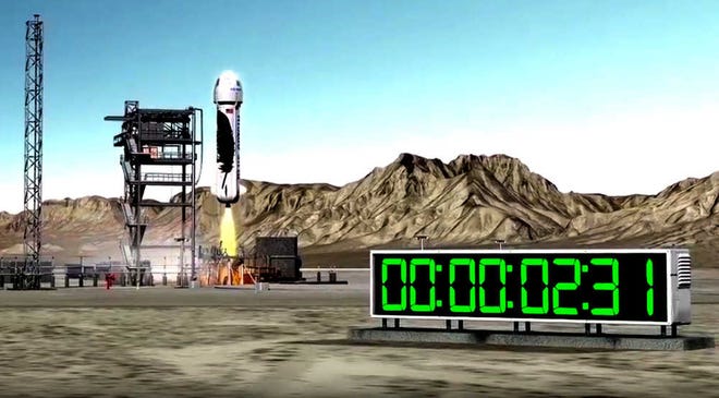This undated image provided by Blue Origin shows an illustration of a rocket taking off from a launch pad. Space tourism companies are employing designs including winged vehicles, vertical rockets with capsules and high-altitude balloons. While developers envision ultimately taking people to orbiting habitats, the moon or beyond, the immediate future involves short flights into or near the lowest reaches of space without going into orbit.(Blue Origin via AP)