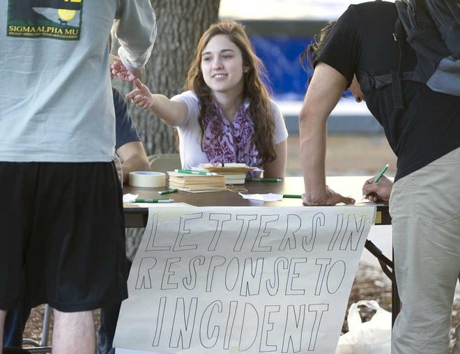 This Monday, Feb. 15, 2016, Texas A&M student Hope Beitchman, a member of Texas A&M Hillel, takes letters from students passing by her station set up for that purpose in Rudder Plaza in College Station, Texas. Texas A&M University System Chancellor John Sharp apologized Tuesday to high school students for racial insults that some minority students say they heard while visiting the College Station campus last week. (Dave McDermand/College Station Eagle via AP) MANDATORY CREDIT