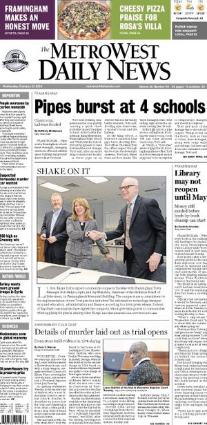 The front page for Wednesday, Feb. 17, 2016, MetroWest Daily News.
