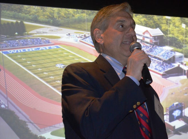 UNH director of athletics Marty Scarano speaks during Wednesday night’s event to announce club membership and seating options for the new Cowell Stadium, which will be unveiled this August. Ryan O'Leary/Seacoastonline
