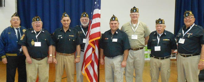 Veterans with the Town of Wallkill VFW Coalition have visited 14 schools sharing a patriotic program. From left are Walt Schneider, Alfred Masker, Barry Schnipper, Fred Schweikert, George DelVecchio, Conrad Flickenschild, Efrain Arzolla, Jim Scali, committee chairman. PHOTO PROVIDED
