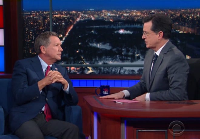 Ohio Gov. John Kasich made his second appearance Wednesday night on The Late Show with Stephen Colbert as a GOP presidential candidate.
