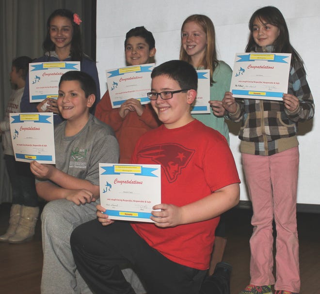 Fifth grade students who received Honesty Awards at the Chace Street School last Friday are pictured above. In the bottom row are Tyson Medeiros (left) and Benjamin Taylor (right). In the top row are, from left to right, Peyton Oliveira, Owen O'Shaughnessey, Alexandra Cook and Julie Adorno.