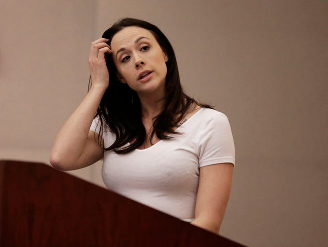 Chanel Preston, Adult Performer's Advocacy Committee President, speaks before the Occupational Safety & Health Standards Board during a hearing Thursday, Feb. 18, 2016, in Oakland, Calif. Scores of porn actors, writers, directors and producers are imploring state officials not to make them use condoms in films, saying it will criminalize and perhaps even destroy their multibillion-dollar industry. (AP Photo/Ben Margot)