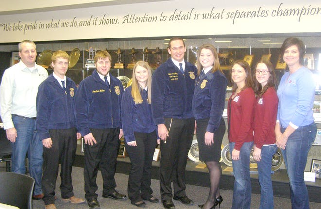 Among those attending the State Bank of Toulon’s annual FFA Appreciation Breakfast Friday morning at Black Hawk College East Campus were, from left, Doug Blunier, STB vice president; chapter presidents Tyler Gosnell of Stark County High School; Jon Walker of Wethersfield; Jessica German of Kewanee; and Lindsey Meyer of Galva; BHE Ag Am-bassadors Jamie Krakow and Becca Riggs; and Nichelle Nichols, STB marketing director.