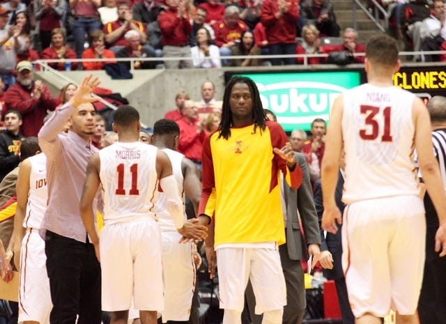 Iowa State forward Jameel McKay high fives teammates against TCU on Saturday. McKay didn't play because of a coach's decision. Photo by Brandon Hurley/Boone News Republican 
 Iowa State men's basketball coach Steve Prohm said Jameel McKay didn't play because of a "coach's decision" against TCU on Saturday. Photo by Brandon Hurley/Boone News Republican 
 Iowa State's Jameel McKay chats with teammate Naz Mitrou-Long at Hilton Coliseum on Saturday. McKay didn't play against TCU on Saturday. Photo by Brandon Hurley/Boone News Republican 
 Iowa State's Georges Niang puts up a shot against TCU on Saturday. Photo by Brandon Hurley/Boone News Republican