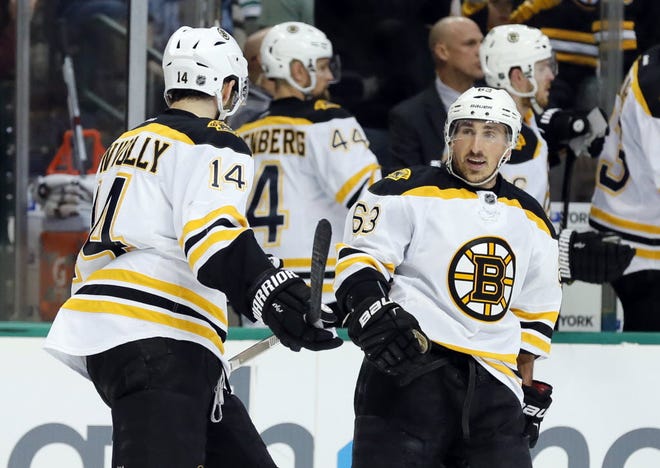 Brad Marchand, right, being congratulated by Brett Connolly after scoring a first period goal, has 15 goals in his last 16 games.
