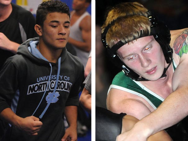 Laney's Kevin Saravia (left) won the 4A championsip at 113 pounds, and West Brunswick's Harrison Campbell won an 8-3 decision over returning state champion, Phil Daub of Enka, for the 3A title at 120. StarNews file photos