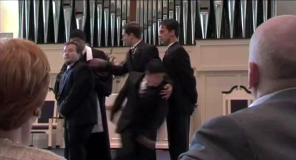 Screen grab from a scene in the movie, The Bride and the Grooms. The movie was filmed at the United Church of Christ in Bath.