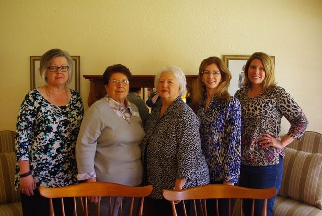 Gonzales Garden Club February hostesses are from left: Jamie Trisler, Mabel Savoy, Janis Poche, Kat Hightower, and Dana Teepell.   Not pictured: Shirley Lyons, Marilyn Oubre.