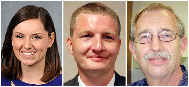Rep. Avery Bourne, from left, Christopher Hicks and Dennis Scobbie are seeking the Republican nomination in the race for the 95th Illinois House District seat.