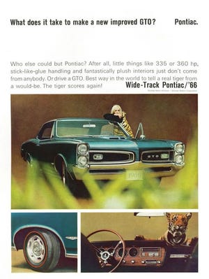 By 1966, Pontiac was promoting more horsepower, great handling and the tiger that would become a GTO legend in newspaper, magazine and television ads. (Ad compliments of GM)