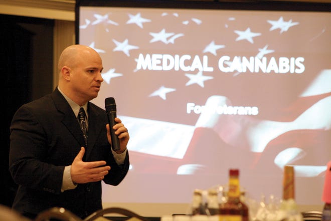 Ben Rediger, CEO of Morton-based CBD Education Services, speaks during the organization's "Helping Our Heroes" fundraiser Saturday at Metamora Fields Golf Club in Metamora.