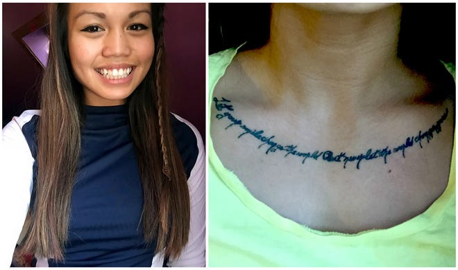 Kate Pimental, 20, of Kennebunk, Maine, has been rejected by the Marines because of a tattoo below her collarbone, which reads "Let your smile change the world but never let the world change you." (Courtesy photos)