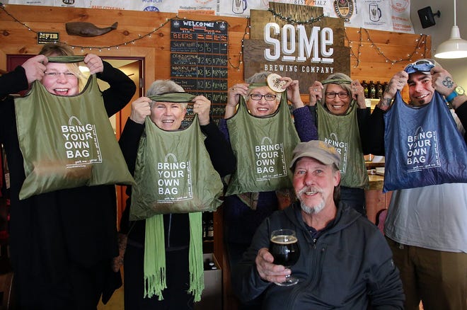 Bring Your Own Bag York members get ready for a kickoff party for the new bag ordinance in York, at SoMe Brewing Company in early March. From left to right include: State Rep. Lydia Blume, Victoria Simon, State Rep. Patty Hymanson, Dave Rowland, Carole Auger-Richard, and Jeff Goodno.

Photo by Rich Beauchesne/Seacoastonline