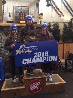 Rondout Valley's Miranda Davenport, left, Franklin D. Roosevelt's Shiau Tau Ciecierska, and Kingston's Kelly Manley helped the Section 9 champion Rondout Valley-Kingston-F.D. Roosevelt-Coleman Catholic team to the state championship in upstate Wilmington on Tuesday.