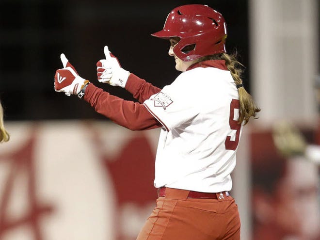 Alabama opened the home softball season with an 8-0 win over Troy Wednesday, February 24, 2016. Marisa Runyon gives two thumbs up after hitting a double. Staff Photo/Gary Cosby Jr.