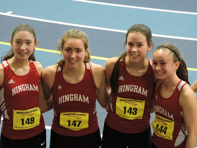 The Hingham girls 4x400 relay team of (pictured from left to right) Heather Linscott, Erin Hurley, Mary Kate Brennan and Emma Burliegh finished 14th at the All-State Meet on Saturday. COURTESY PHOTO