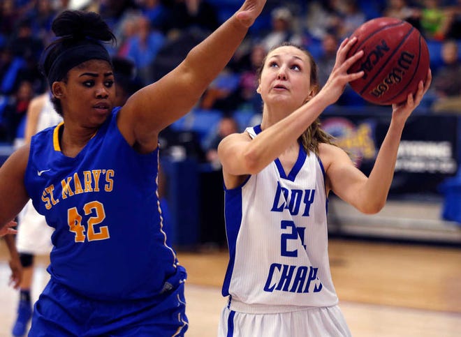 LCU's Haley Fowler (24) looks for a shot defended by St. Mary's Mariah Lee (42) on Thursday, Feb. 25, 2016, in Lubbock.