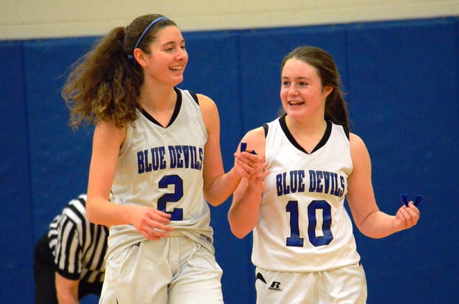 Epping High School sophomore Evelyn Carleton, left, laughs with Casey Needham during Tuesday's Division IV tournament win over Portsmouth Christian Academy. Ryan O'Leary/Seacoastonline