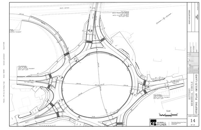 A drawing of the proposed lane markings and sidewalks for Memorial Circle in Kittery.