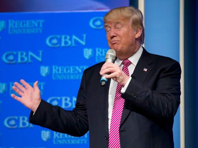 Republican presidential candidate Donald Trump gestures as he speaks at Regent University in Virginia Beach, Va., Wednesday.