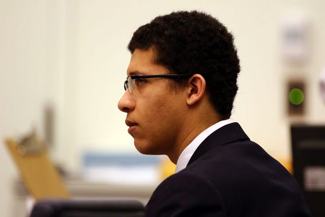his Dec. 14, 2015, file photo shows Philip Chism appearing in Salem Superior Court, during closing arguments. The Massachusetts teenager convicted of raping and killing his high school math teacher faces a sentence of up to life in prison when a judge hands out his punishment. Chism was convicted in December in the 2013 death of Danvers High School teacher Colleen Ritzer. He’s scheduled to be sentenced Friday, Feb. 26, 2016, in Salem Superior Court.