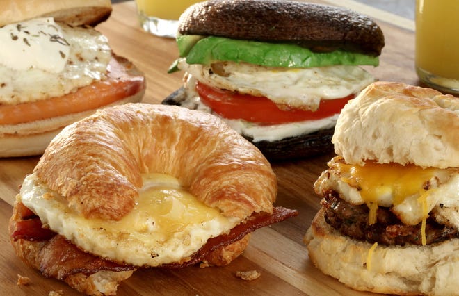 Choose your favorite components and build: smoked salmon and egg on English muffin, from left, bacon and egg on croissant, avocado, tomato and egg on sauteed portobello mushroom caps (for a paleo approach) and sausage and egg on a biscuit.

Chicago Tribune/TNS
