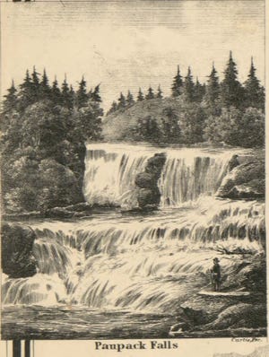This is a sketch of the torrential Paupack Falls, appearing on the margin of an 1860 map of Wayne County, Pennsylvania. The falls powered numerous mills from Wilsonville to Paupack Eddy- the future Hawley- starting in the 1790's. In the 1810's, Prince Rose and his wife lived in a hut, apparently near the foot of these falls at Paupack Eddy.