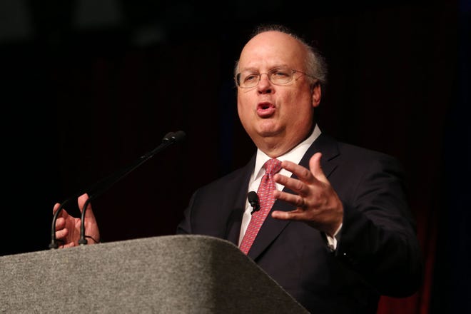 Karl Rove, former Deputy Chief of Staff and Senior Advisor to George W. Bush, makes his keynote speech at the Hutchinson/Reno County Chamber of Commerce annual banquet Monday, Feb. 29, 2016 at the Sports Arena.