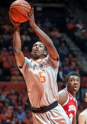 Illinois guard Jalen Coleman-Lands (5) goes up for a basket as Indiana center Thomas Bryant (31) watches during the first half of an NCAA college basketball game at in Champaign, Ill., on Thursday, Feb. 25, 2016.