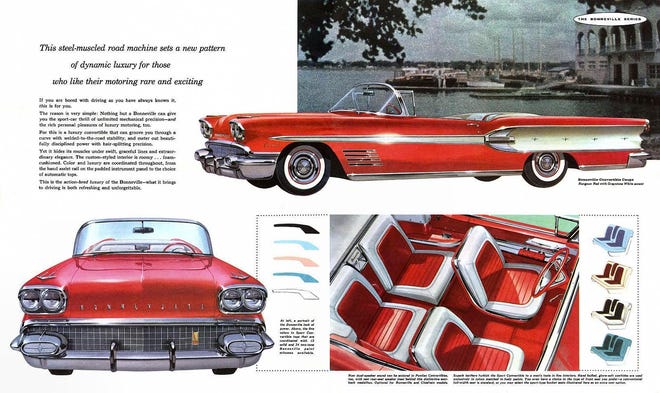 This 1958 Pontiac Bonneville advertisement featured the bigger, wider and heaver Pontiac Bonneville convertible. The year turned out to be one of the worst, sales wise, for GM and the other car makers, too. (Advertisement compliments of General Motors).