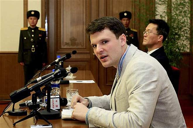 American student Otto Warmbier speaks as Warmbier is presented to reporters in Pyongyang, North Korea.