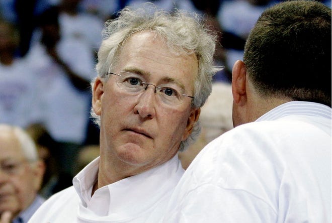 FILE - In this Wednesday, June 6, 2012, file photo, Chesapeake Energy Corp. CEO Aubrey McClendon attends Game 6 of the NBA basketball Western Conference finals, in Oklahoma City. Oklahoma City police say McClendon, a natural gas industry titan who was indicted on Tuesday, March 1, 2016, by a federal grand jury for allegedly conspiring to rig bids to buy oil and natural gas leases in northwest Oklahoma, was killed Wednesday in a fiery single-car crash in Oklahoma City. A part-owner of the NBA's Oklahoma City Thunder, McClendon stepped down in 2013 at Chesapeake and founded American Energy Partners, where he was chairman and CEO. (AP Photo/Sue Ogrocki, File)