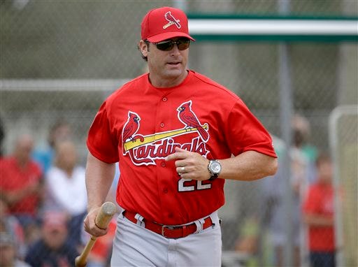 St. Louis Cardinals manager Mike Matheny jogs between benches between innings of a spring training intrasquad baseball game Monday, Feb. 29, 2016, in Jupiter, Fla.