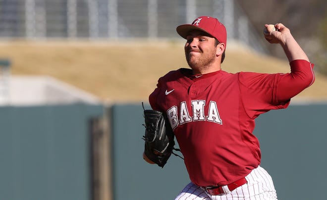 Alabama's Thomas Burrows has not allowed a hit through 6 1/3 innings this season. He is the Crimson Tide's all-time saves leader, earning his 22nd save against Troy on Tuesday. Staff photo | Erin Nelson