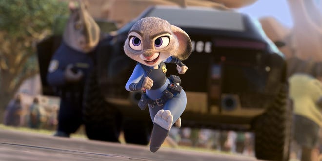This image released by Disney shows Judy Hopps, voiced by Ginnifer Goodwin, in a scene from the animated film, "Zootopia." (Disney via AP)
