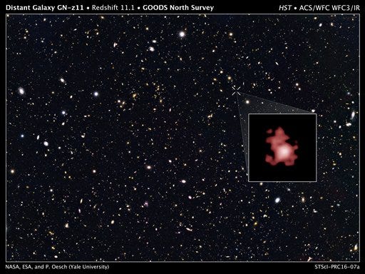 This image provided by the Space Telescope Science Institute, taken with the Hubble Space Telescope, shows a hot, star-popping galaxy that is far, far away, farther than any previously detected, from a time when the universe was a mere toddler of about 400 million years old.