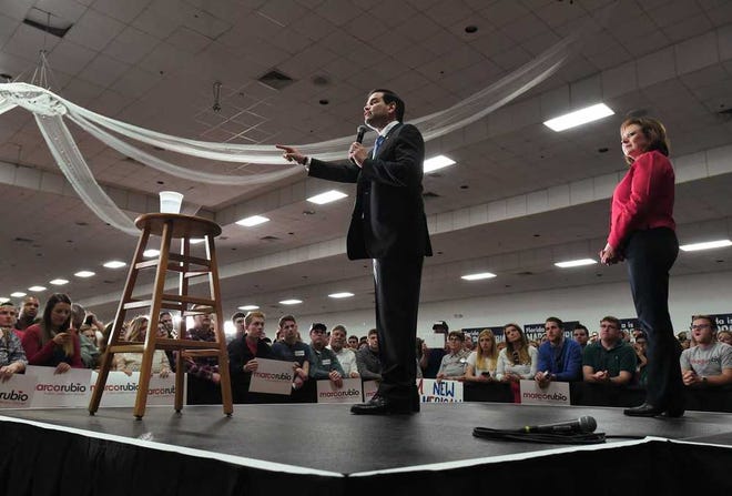 Bob.Self@jacksonville.com--3/5/16--Presidential candidate Marco Rubio on stage in the Morocco Temple with New Mexico Governor Susana Martinez during their visit to Jacksonville, Florida Saturday. Florida senator and Republican presidential candidate spoke to supporters at the Morocco Temple in Jacksonville, Florida Saturday, March 5, 2016 as his team hits the state ahead of the upcoming primary. On hand for introductions were Jacksonville Mayor Lenny Curry and New Mexico Governor Susana Martinez. (The Florida Times-Union/Bob Self)